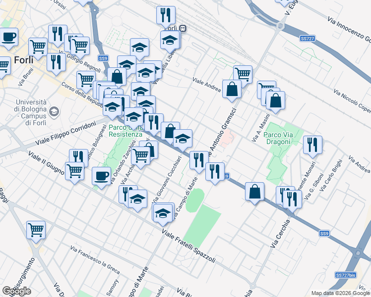 map of restaurants, bars, coffee shops, grocery stores, and more near 19 Via Ugo Foscolo in Forli