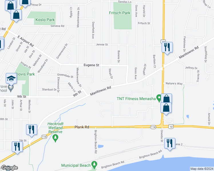 map of restaurants, bars, coffee shops, grocery stores, and more near 1350 Manitowoc Road in Menasha