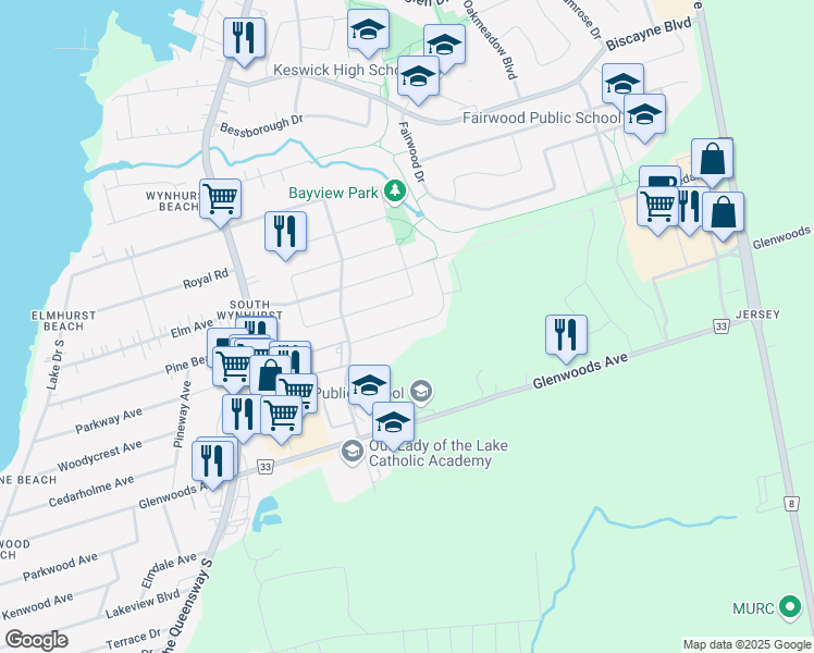 map of restaurants, bars, coffee shops, grocery stores, and more near Tim Jacobs Drive in Georgina