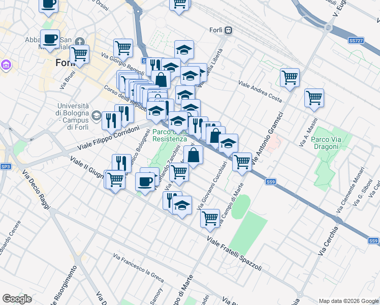map of restaurants, bars, coffee shops, grocery stores, and more near 13 Via Orlando Zanchini in Forlì