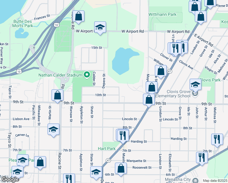 map of restaurants, bars, coffee shops, grocery stores, and more near 725 11th Street in Menasha