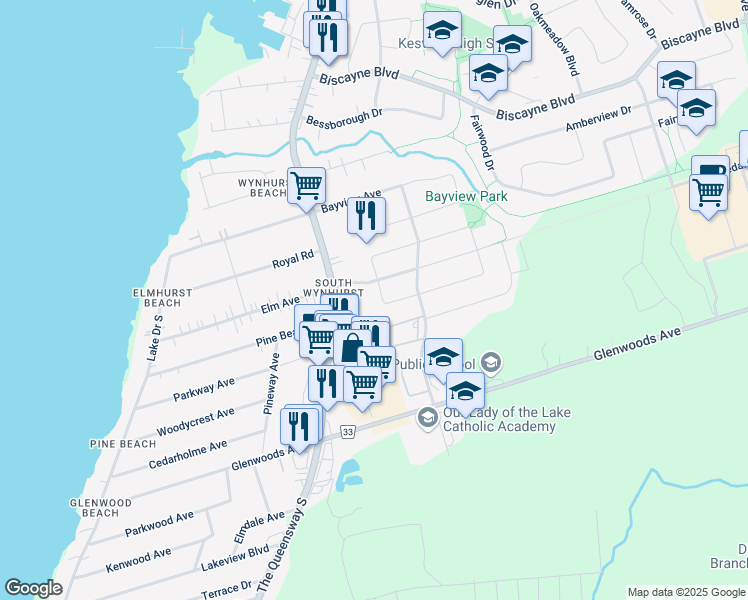 map of restaurants, bars, coffee shops, grocery stores, and more near 14 Wrendale Crescent in Georgina