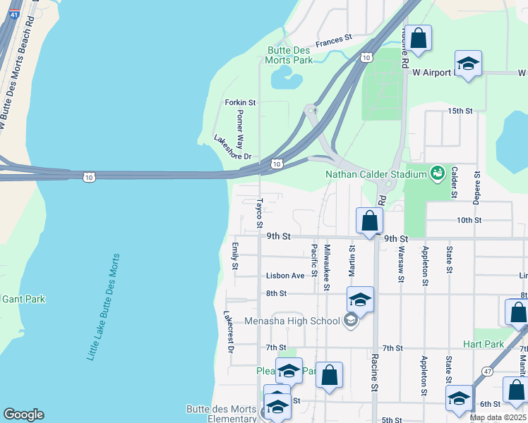 map of restaurants, bars, coffee shops, grocery stores, and more near 920 Tayco Street in Menasha