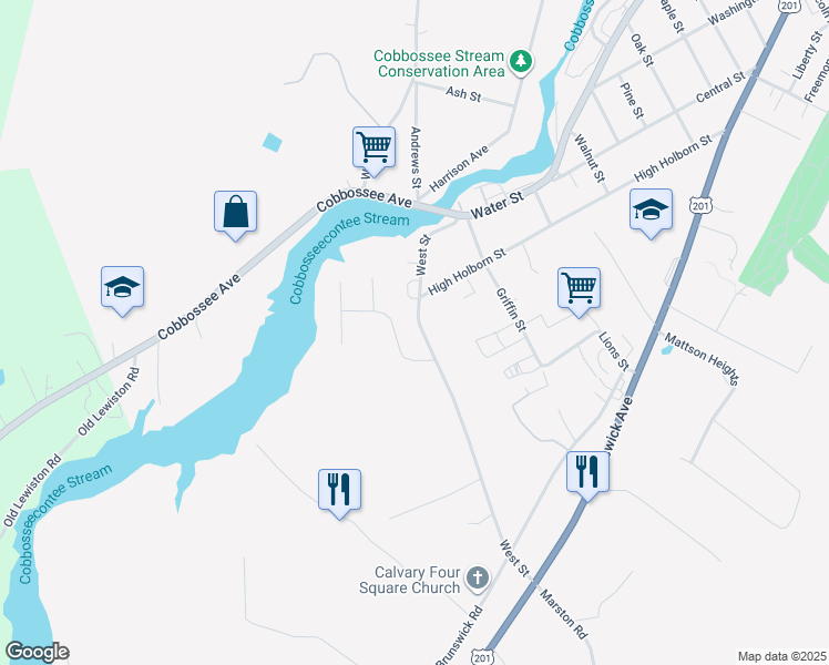 map of restaurants, bars, coffee shops, grocery stores, and more near 360 West Road in West Gardiner