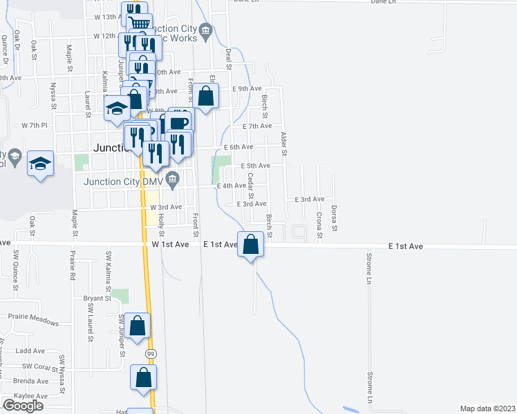 map of restaurants, bars, coffee shops, grocery stores, and more near 465 East 3rd Avenue in Junction City