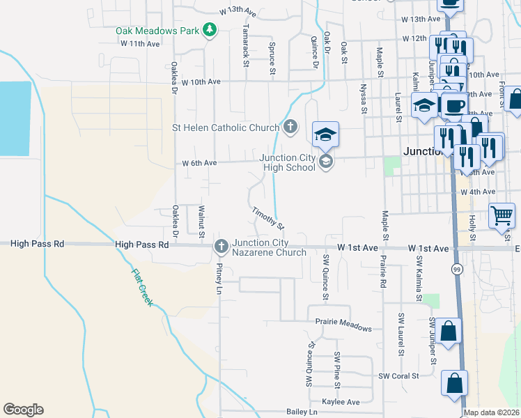 map of restaurants, bars, coffee shops, grocery stores, and more near 320 Timothy Street in Junction City