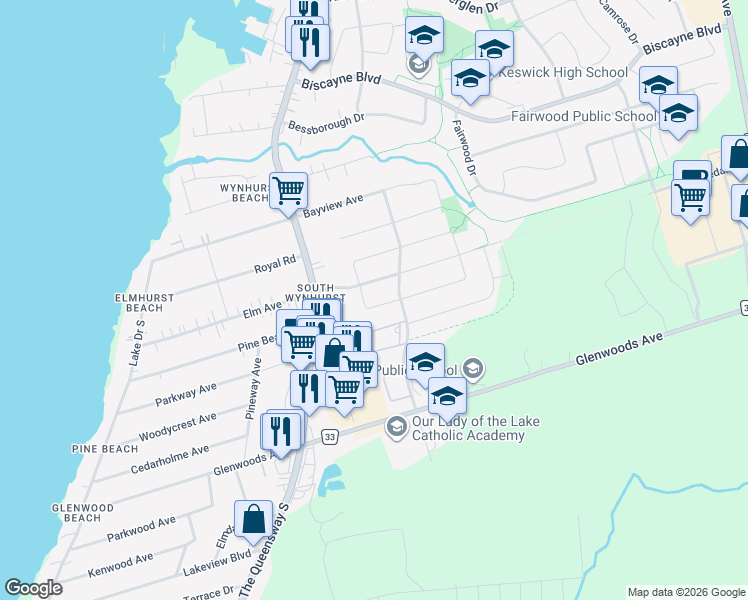 map of restaurants, bars, coffee shops, grocery stores, and more near 37 Wrendale Crescent in Georgina
