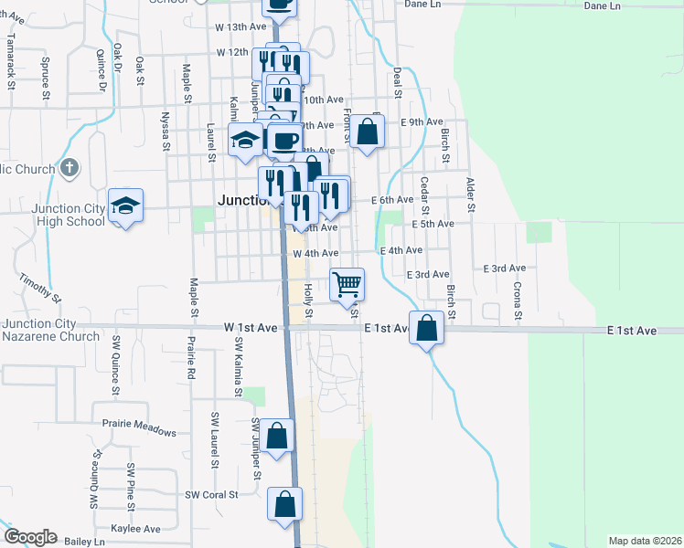 map of restaurants, bars, coffee shops, grocery stores, and more near 540 West 3rd Avenue in Junction City