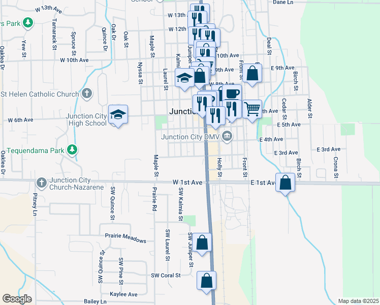map of restaurants, bars, coffee shops, grocery stores, and more near 351 Juniper Street in Junction City