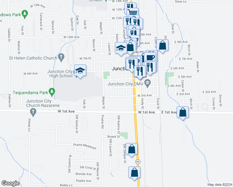 map of restaurants, bars, coffee shops, grocery stores, and more near 333 Kalmia Street in Junction City