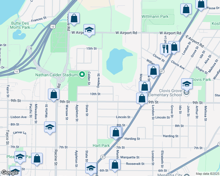 map of restaurants, bars, coffee shops, grocery stores, and more near 725 11th Street in Menasha