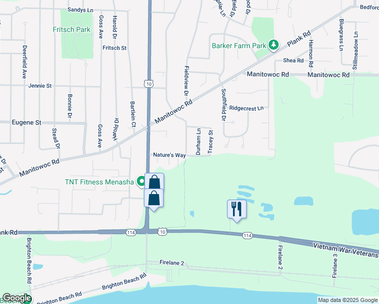 map of restaurants, bars, coffee shops, grocery stores, and more near 1021 Province Terrace in Menasha