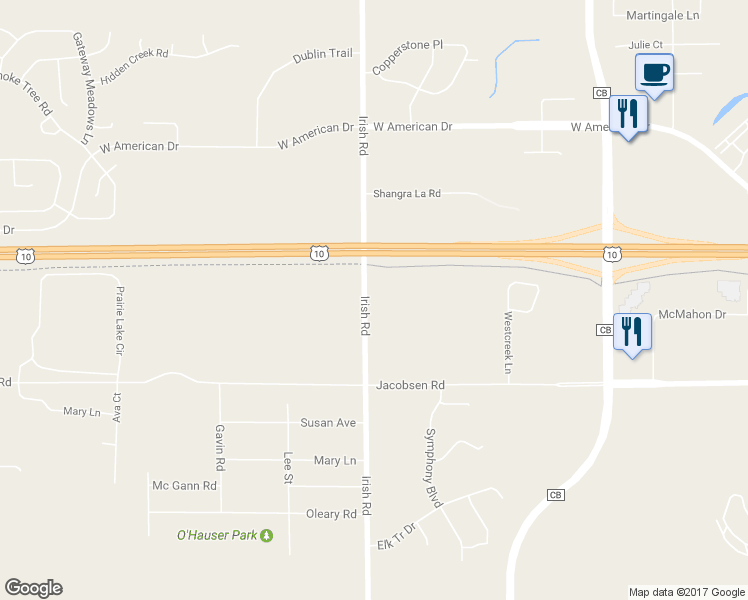 map of restaurants, bars, coffee shops, grocery stores, and more near 1447 Irish Road in Neenah