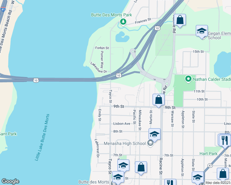 map of restaurants, bars, coffee shops, grocery stores, and more near 310 Tyler Court in Menasha