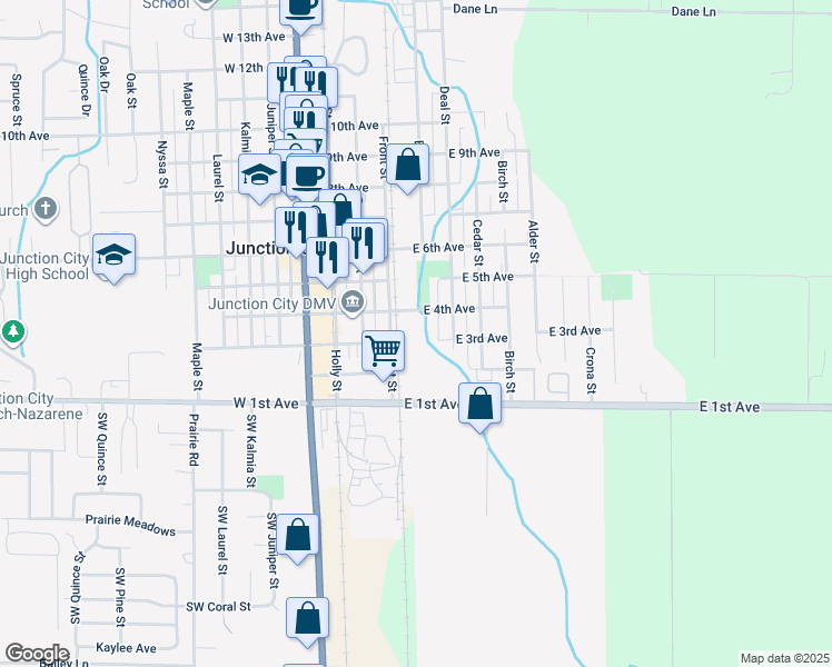 map of restaurants, bars, coffee shops, grocery stores, and more near 3 East 4th Avenue in Junction City