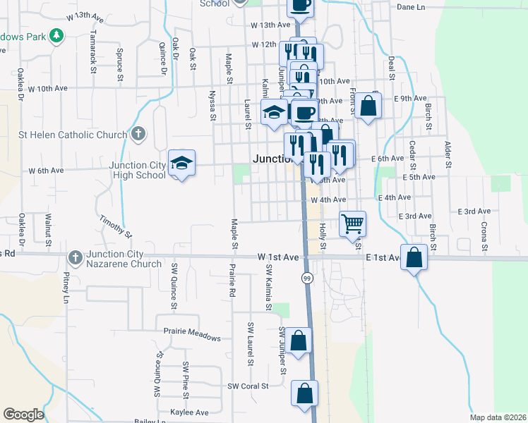 map of restaurants, bars, coffee shops, grocery stores, and more near 343 Kalmia Street in Junction City