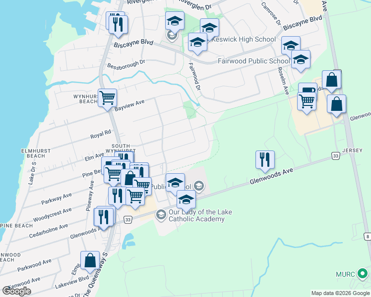 map of restaurants, bars, coffee shops, grocery stores, and more near in Georgina