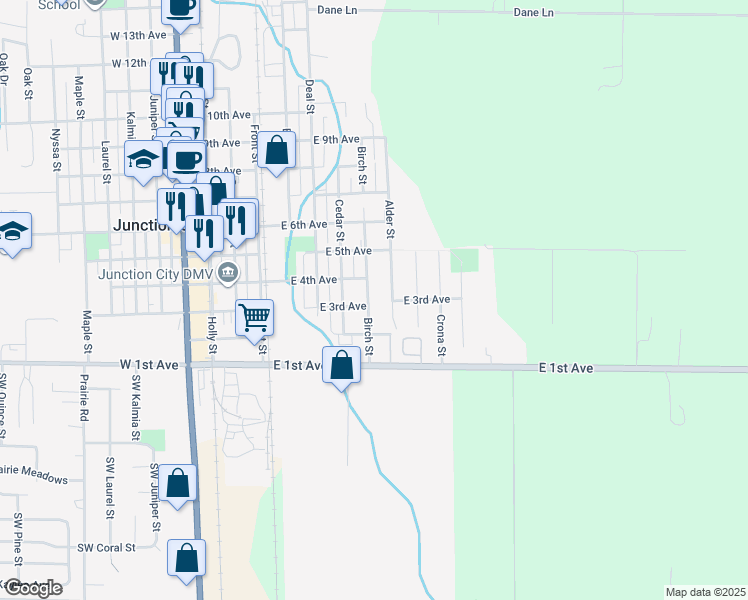 map of restaurants, bars, coffee shops, grocery stores, and more near 310 Birch Street in Junction City