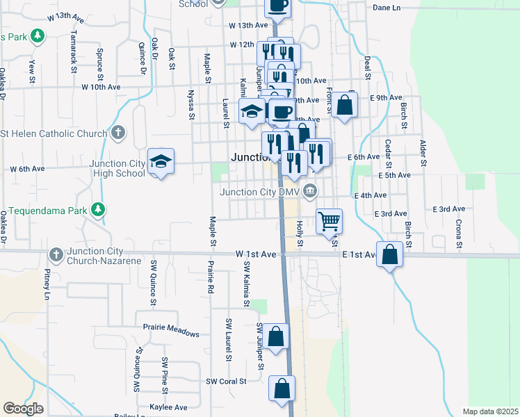 map of restaurants, bars, coffee shops, grocery stores, and more near 351 Juniper Street in Junction City