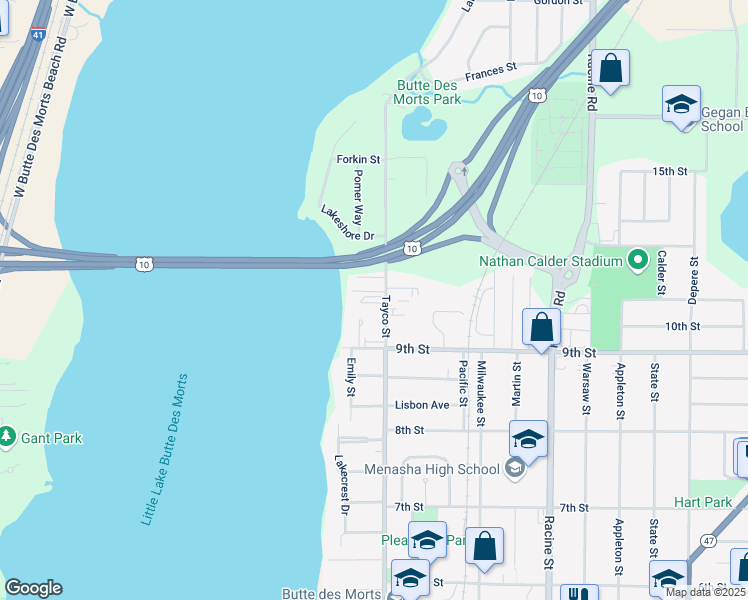 map of restaurants, bars, coffee shops, grocery stores, and more near 920 Tayco Street in Menasha