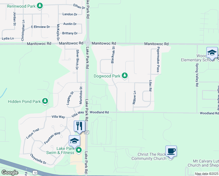 map of restaurants, bars, coffee shops, grocery stores, and more near W6433 Dogwood Lane in Menasha