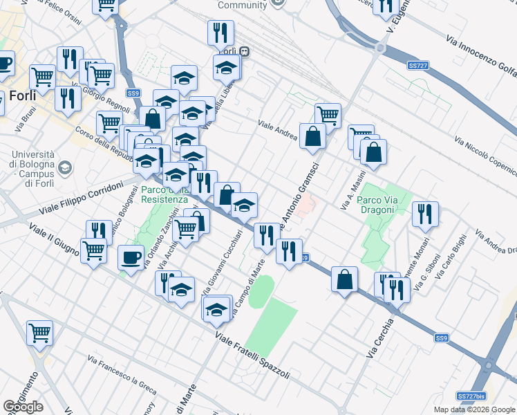 map of restaurants, bars, coffee shops, grocery stores, and more near 19 Via Ugo Foscolo in Forlì
