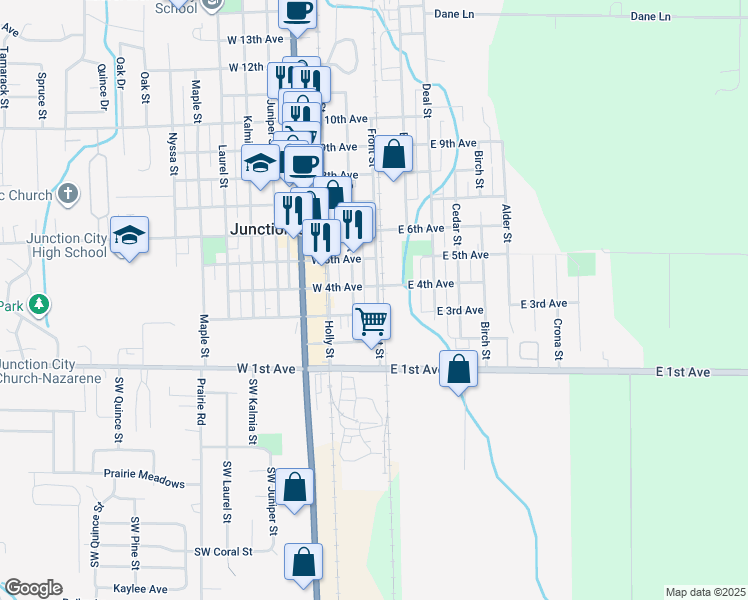 map of restaurants, bars, coffee shops, grocery stores, and more near 3 East 4th Avenue in Junction City