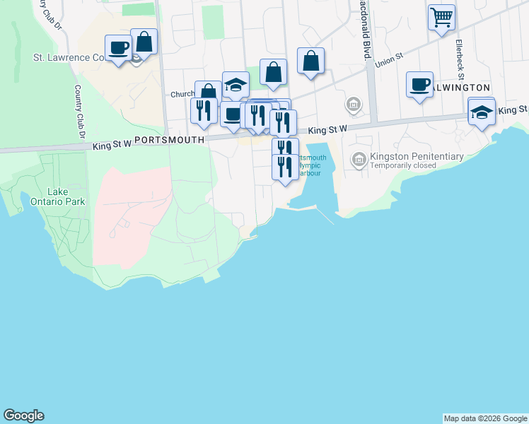 map of restaurants, bars, coffee shops, grocery stores, and more near 1 Mowat Avenue in Kingston