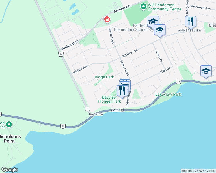 map of restaurants, bars, coffee shops, grocery stores, and more near 190 Macdougall Drive in Kingston