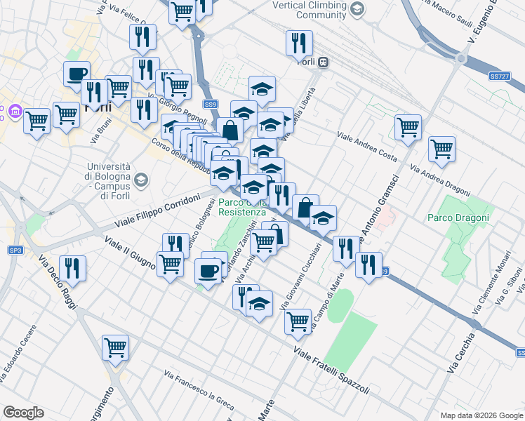 map of restaurants, bars, coffee shops, grocery stores, and more near 13 Via Orlando Zanchini in Forlì