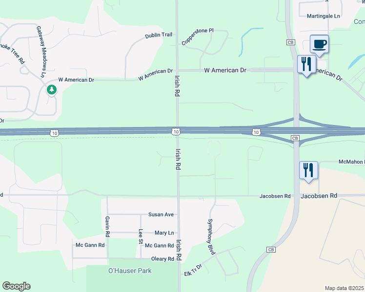 map of restaurants, bars, coffee shops, grocery stores, and more near 1447 Irish Road in Neenah