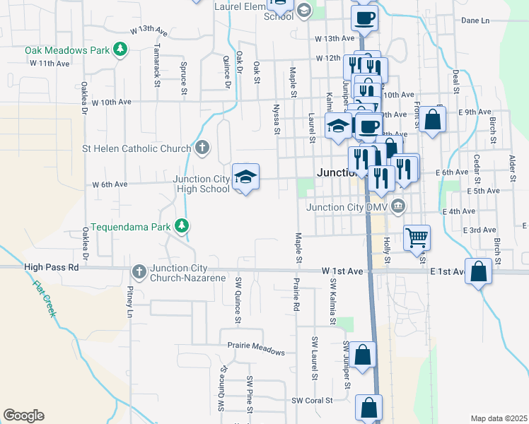 map of restaurants, bars, coffee shops, grocery stores, and more near 1135 West 6th Avenue in Junction City