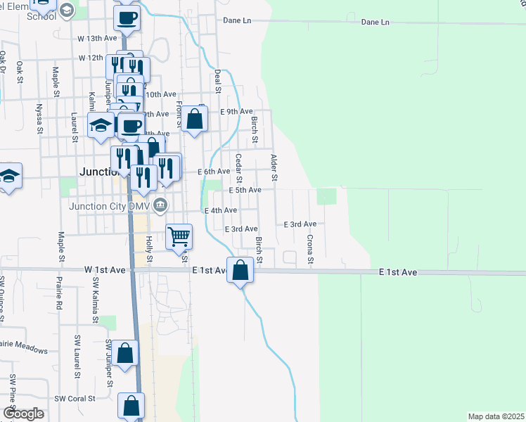 map of restaurants, bars, coffee shops, grocery stores, and more near 310 Birch Street in Junction City