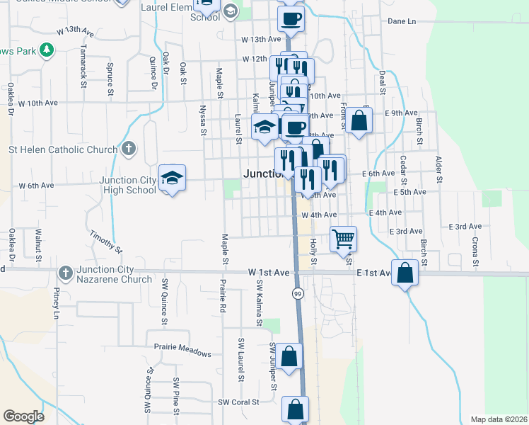 map of restaurants, bars, coffee shops, grocery stores, and more near 343 Kalmia Street in Junction City