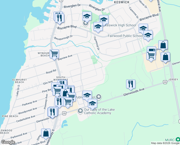 map of restaurants, bars, coffee shops, grocery stores, and more near 47 Dovedale Drive in Georgina