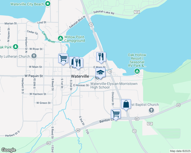 map of restaurants, bars, coffee shops, grocery stores, and more near 500 East Paquin Street in Waterville