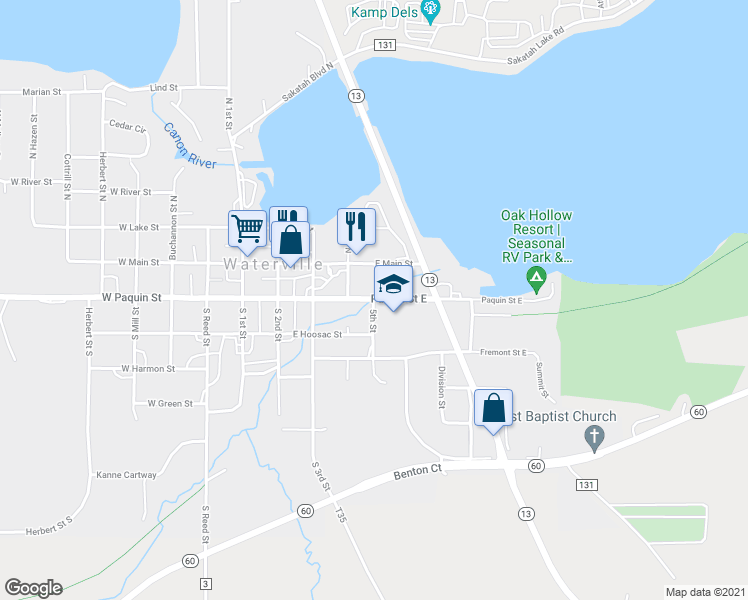 map of restaurants, bars, coffee shops, grocery stores, and more near 500 East Paquin Street in Waterville