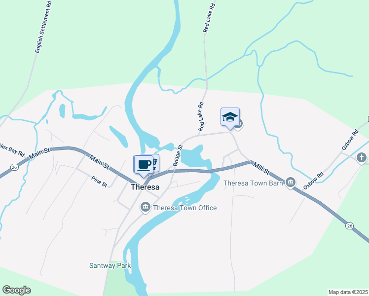 map of restaurants, bars, coffee shops, grocery stores, and more near 110 Bridge Street in Theresa