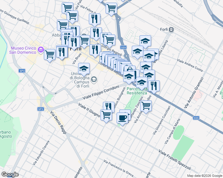 map of restaurants, bars, coffee shops, grocery stores, and more near 8-32 Via di Porta Cotogni in Forlì