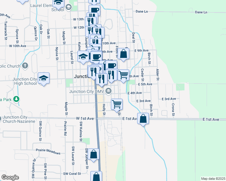 map of restaurants, bars, coffee shops, grocery stores, and more near 512 Greenwood Street in Junction City