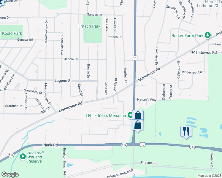 map of restaurants, bars, coffee shops, grocery stores, and more near 1070 Harold Drive in Menasha