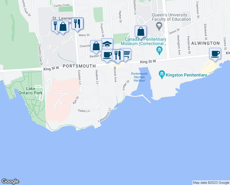 map of restaurants, bars, coffee shops, grocery stores, and more near in Kingston