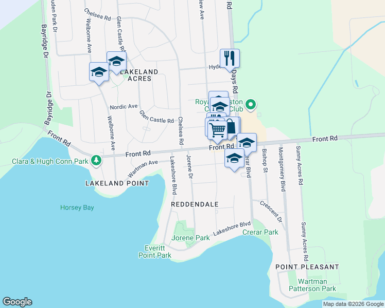 map of restaurants, bars, coffee shops, grocery stores, and more near 757 Front Road in Kingston