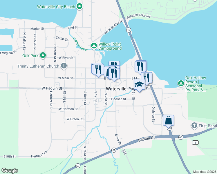 map of restaurants, bars, coffee shops, grocery stores, and more near in Waterville