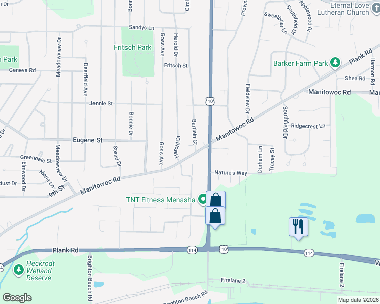 map of restaurants, bars, coffee shops, grocery stores, and more near 1062 Bartlein Court in Menasha