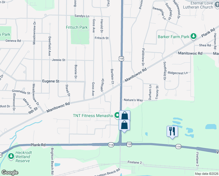 map of restaurants, bars, coffee shops, grocery stores, and more near 1062 Bartlein Court in Menasha