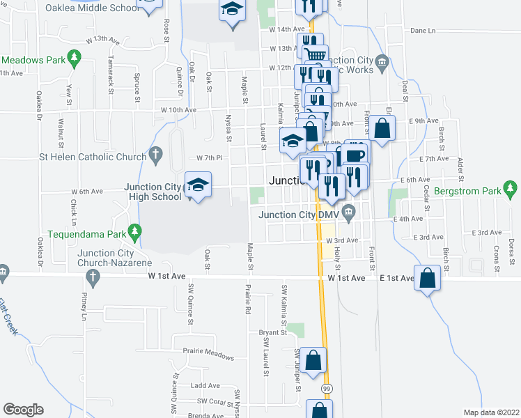 map of restaurants, bars, coffee shops, grocery stores, and more near 485 Laurel Street in Junction City