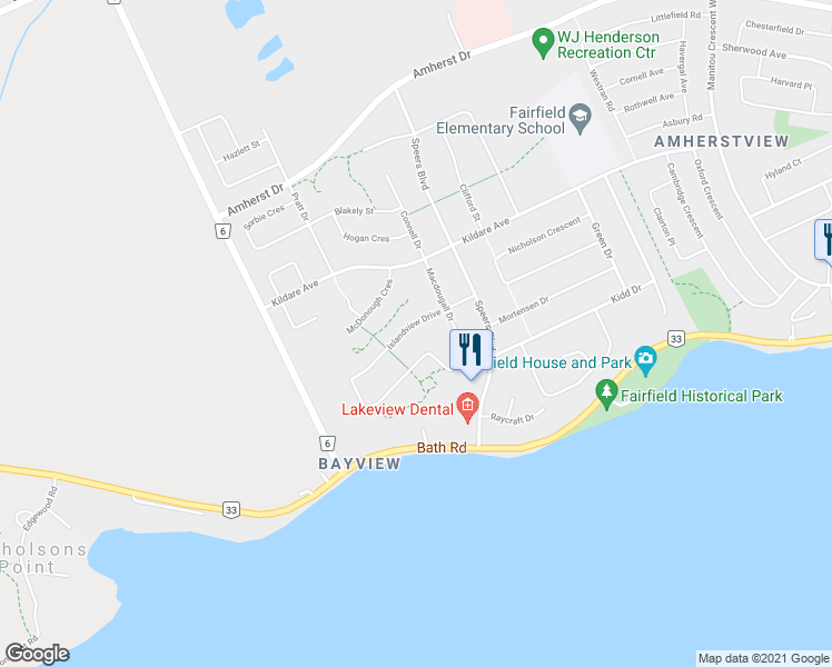 map of restaurants, bars, coffee shops, grocery stores, and more near 116 Islandview Drive in Kingston