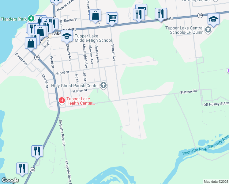 map of restaurants, bars, coffee shops, grocery stores, and more near 69 Bushey Ave in Tupper Lake