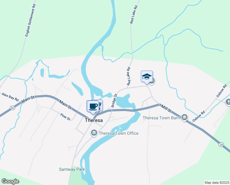 map of restaurants, bars, coffee shops, grocery stores, and more near 109 Bridge Street in Theresa